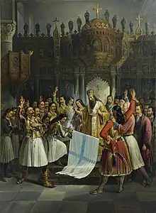 25. marts, 1821: Germanos of Patras velsigner det græske flag. Theodoros Vryzakis, 1865.