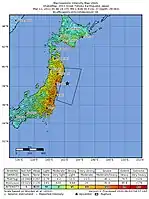 Jordskælvets epicenter øst for den japanske ø Honshū "Shakemap" fra USGS
