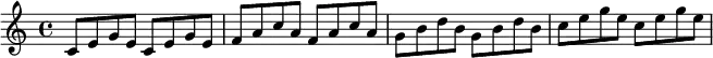 \new Staff {
\time 4/4
\relative {
c'8 e g e c e g e | f a c a f a c a | g b d b g b d b | c e g e c e g
e }
}
