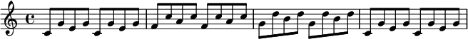 \new Staff {
\time 4/4
\relative {
c'8 g' e g c,8 g' e g | f c' a c f, c' a c | g d' b d g, d' b d | c,8 g' e g c,8 g' e g
}
}