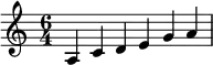 { \numericTimeSignature \time 6/4 \key c \major a c' d' e' g' a' }