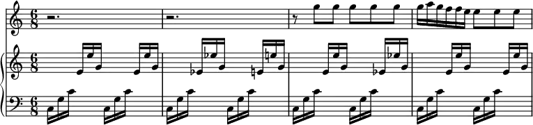 <<
\new Staff \with {
midiInstrument = "Flute"
} {
\time 6/8
\relative c''' {
r2. | r | r8 g g g g g |
g16 a g f f e e8 e e |
}
}
\new PianoStaff <<
\new Staff \with {
midiInstrument = "Orchestral Harp"
} {
\time 6/8
\relative c' {
s16 s s e e' g, s s s e e' g,
s s s es es' g, s s s e e' g,
s s s e e' g, s s s es es' g,
s s s e e' g, s s s e e' g,
}
}
\new Staff \with {
midiInstrument = "Orchestral Harp"
} {
\clef bass
\time 6/8
\relative {
c16 g' c s s s c,16 g' c s s s
c,16 g' c s s s c,16 g' c s s s
c,16 g' c s s s c,16 g' c s s s
c,16 g' c s s s c,16 g' c s s s
}
}
>>
>>
\midi {
\context {
\Score
tempoWholesPerMinute = #(ly:make-moment 60 4)
}
}