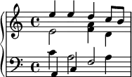 {
\new PianoStaff <<
\new Staff = "upper"
\relative c' {
\clef treble
\key c \major
\time 4/4
<< {e'4 e d c8 b} \\ {e,2 <f a>4 d} >>
}
\new Staff = "lower" \relative c {
\clef bass
\key c \major
\time 4/4
<< {a4 c f2} \\ {c'4 a2 a4} >>
}
>>
}