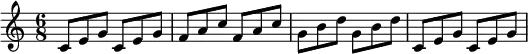 \new Staff {
\time 6/8
\relative {
c'8 e g c, e g | f a c f, a c | g b d g, b d | c, e g c, e g
}
}