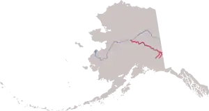 Tanana River dannes af de to små  Nabesna River (venstre) og Chisana River (højre), løber så mod nordvest hvor den møder Yukon River