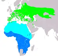 Udbredelses af  A. arundinaceus     Yngleområde       træk      raste og vinterkvarter