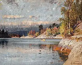 Fjordlandskab med robåd