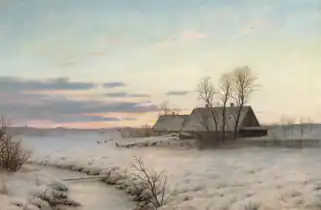 Huse i et vinterlandskab ved skumringstid, 1929