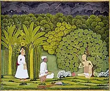Akbar og Tansen besøger Haridas i Vrindavan, Rajasthan-stil, ca. 1750. – Akbar til venstre klædt som en almindelig mand - Tansen (1500-tallet), der lytter med, regnes for en stor musiker inden for klassisk Hindustan-musik (en)