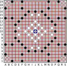 Game-board grid with red lines, black and white dots and blue X in center