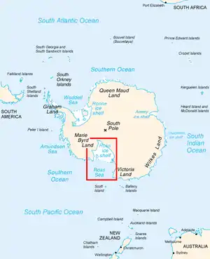  Outline map of continental Antarctica also showing parts of Australia, New Zealand, South America and South Africa. Various landmarks on the continent and in the surrounding oceans are labelled.