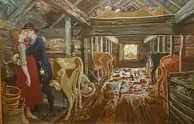 "Fjøsfrieri" (olie på lærred, 1904)