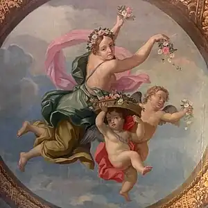 Aurora udstrør blomster. Loftsmaleri fra perspektivistisk kuppel, 1712, Den Stormske Gård, København(en)