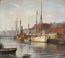 Axel Johansen, Parti fra Frederiksholms Kanal med Monsunen liggende ved kaj, 1930
