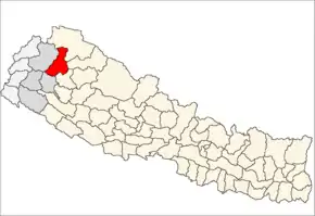Bajura District i Seti Zone (grå) i Far-Western Development Region (grå + lysegrå)