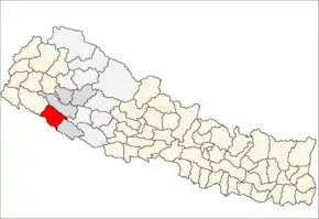 Bardiya District i Bheri Zone (grå) i Mid-Western Development Region (grå + lysegrå)