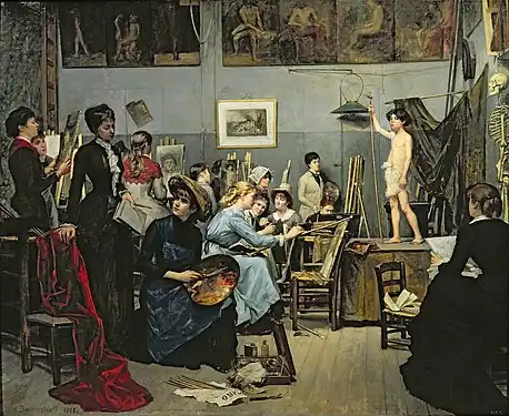 I atelieret, 1881, som skildrer undervisningen for kvindelige elever på Académie Julian i Paris, hvor hun havde været elev.
