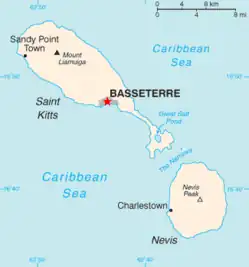 Basseterres beliggenhed på Saint Kitts og Nevis