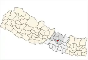 Bhaktapur District i Bagmati Zone (grå) i Central Development Region (grå + lysegrå)