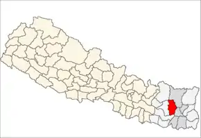 Bhojpur District i Kosi Zone (grå) i Eastern Development Region (grå + lysegrå)