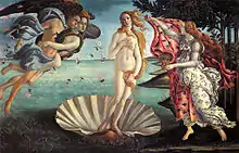Venus' fødsel (el. "Den skumfødte Venus") af Sandro Botticelli, ca. 1486. Tempera på lærred, 278,5x172,5 cm. Galleria degli Uffizi, Firenze