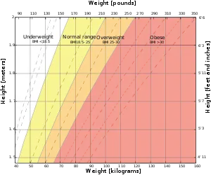 Graf over BMI. De stiplede linjer opdeler hovedkategorierne yderligere, f.eks. opdeles "undervægt" i følgende underkategorier: "svær", "moderat" og "mild" undervægt.  Baseret på data fra WHO, her.