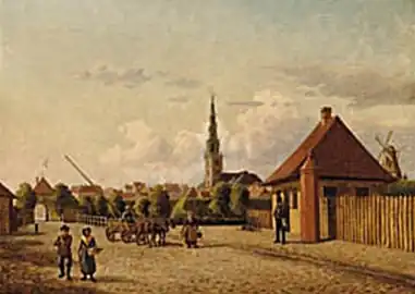 Amagerport med den gamle accissebod, i baggrunden Vor Frelsers Kirke, 1847