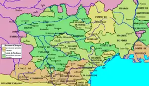Politisk kort over Languedoc ved indledningen af det Albigensiske korstog