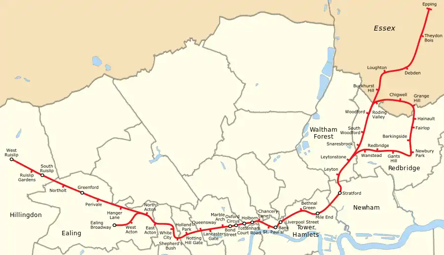 Central lines gennem Londons bydele og amtet Essex