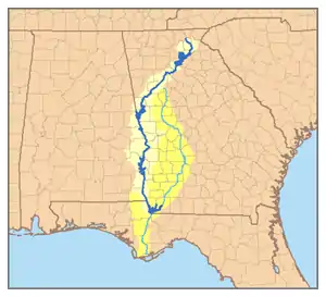 Apalachicola River-systemet med Chattahoochee markeret med mørkeblå
