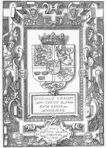 Christian 3.s våben som det optræder i den første dansk-sprogede bibel, 1550.