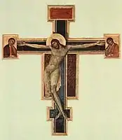 Crucifix 1287 af Cimabue (ca. 1240–1302). Limfarve på træ, 448 cm×390 cm. Basilica di Santa Croce, Firenze. Det blev svært beskadiget under oversvømmelsen i 1966