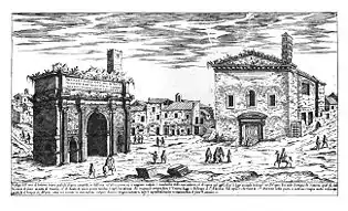 Det tidligere comitium med Septimius Severus-buen og kirken Sant'Adriano in tribus foris (tidl. Curia Julia).Gravure af Étienne du Pérac (1575).