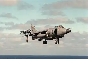 To Sea Harriers udfører Vertical Landing. Denne flytype deltog for første gang i kamphandlinger under Falklandskrigen.