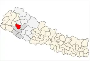 Dailekh District i Bheri Zone (grå) i Mid-Western Development Region (grå + lysegrå)
