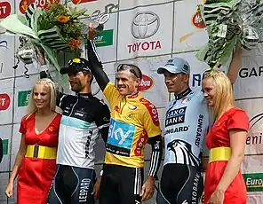 Simon Gerrans (i midten), Daniele Bennati (tv.), Michael Mørkøv (th.)