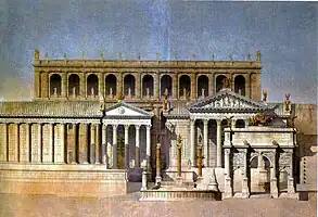 Fra venstre: Saturntemplet, Vespasians tempel, Rostra, Concordiatemplet, Septimius Severus-buen og Tabularium (Roms arkiv) i baggrunden – 1866
