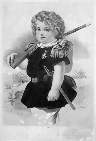 C. Glück: Der kleine Soldat, ('Den lille soldat') Koloreret litografi efter franske studieblade, o. 1850