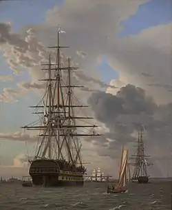 Et russisk linieskib til ankers ved Helsingør, 1828, Statens Museum for Kunst
