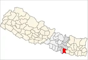 Dhanusa District i Janakpur Zone (grå) i Central Development Region (grå + lysegrå)