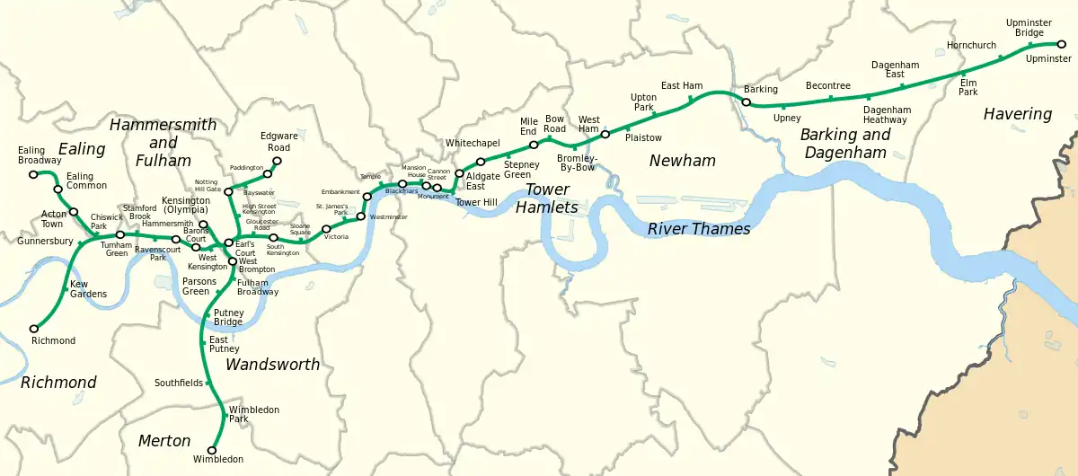 District lines rute gennem London boroughs. Flere detaljer af ruterne mellem Tower Hill, Earl's Court og Edgware Road er vist på Circle line: Kort.
