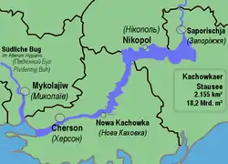 Kakhovskereservoiret med dæmningen ved Nova Kakhovka