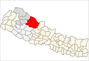 Dolpa District i Karnali Zone (grå) i Mid-Western Development Region (grå + lysegrå)