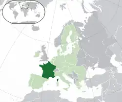  France métropolitaines placering  (mørkegrøn)– på det europæiske kontinent  (grøn og mørkegrå)– i den Europæiske Union  (grøn)  –  [Forklaring]