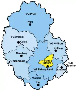 Beliggenhed af byen Bitburg i Eifelkreis Bitburg-Prüm