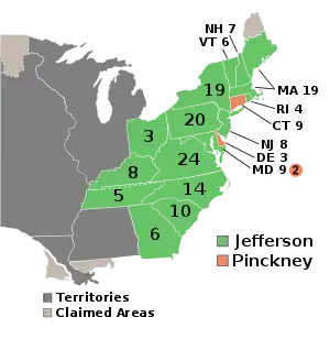 Kort over, hvem, der har vundet hvilke stater (orange=Pinckney, grøn=Jefferson, grå=territorier/hævdede territorier)