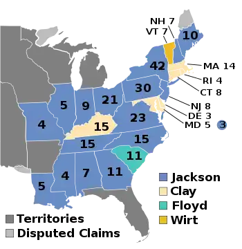 Valgresultatet for præsidentvalget. Lysegul viser delstater vunder af Clay, mens blå viser delstater vundet af Jackson, blågrøn er delstater vundet af Floyd og orange viser delstater vundet af Wirt. Numrene angiver antallet af valgmænd givet til vinderen af hver stat.