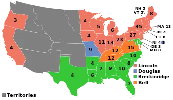Kort over, hvem, der har vandt hvilke delstater (blå=Douglas, rød=Lincoln, grøn=Breckinridge, orange=Bell)