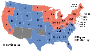 Kort over, hvem, der vandt hvilke delstater (blå=Bryan, rød=McKinley)