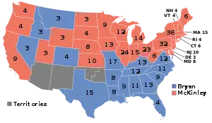 Kort over, hvem, der vandt hvilke delstater (blå=Bryan, rød=McKinley)